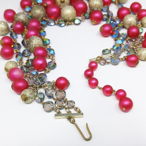 Vintage AB Crystals Red & Gold Beaded Necklace, Three Strands, 1960s - Picture 7 of 10